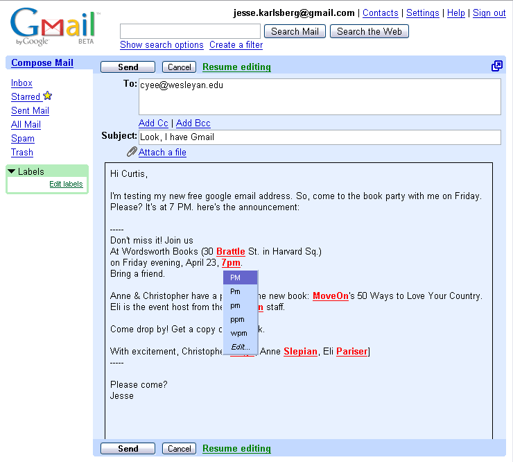 Gmail (beta) New Message Creation, Spell Checker